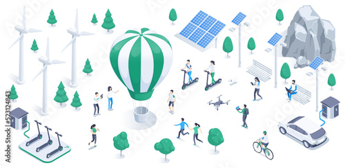 isometric vector illustration on a white background, wind turbines and solar panels as alternative energy, people on scooters and bicycles and standing near the hot air balloon, clean energy