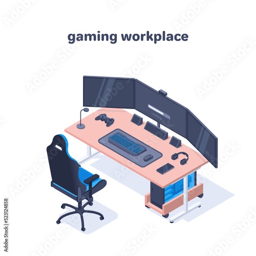 isometric vector illustration isolated on white background, gaming workplace, gaming computer on a large table next to an armchair