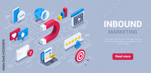 isometric vector illustration on a gray background, landing page of inbound marketing, magnet icon with text bubbles and smartphone, as well as smartphone and laptop with magnifying glass