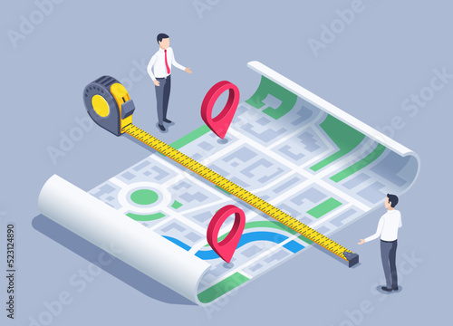 isometric vector illustration on a gray background, map distance, men near a measuring tape measure and maps with location icons