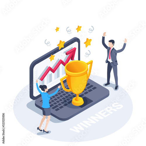 isometric vector illustration on white background, people in business suits celebrate achieving a goal and receiving a trophy, joy of success or winners