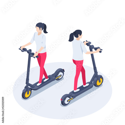 isometric vector illustration on a white background, a woman on an electric scooter front and back view, a vehicle for fun and everyday driving or time rent