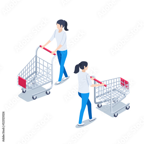 isometric vector illustration isolated on white background, back and front view woman with shopping cart, shopping or attraction