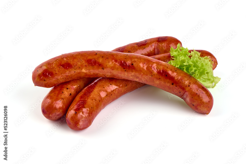 Barbecued sausages, fried sausages bbq, isolated on white background.