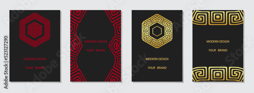 Cover set, vertical templates. Collection of embossed black backgrounds with 3d pattern, geometric ethnic unique texture, logo, monogram. Greek ornament, meander elements.