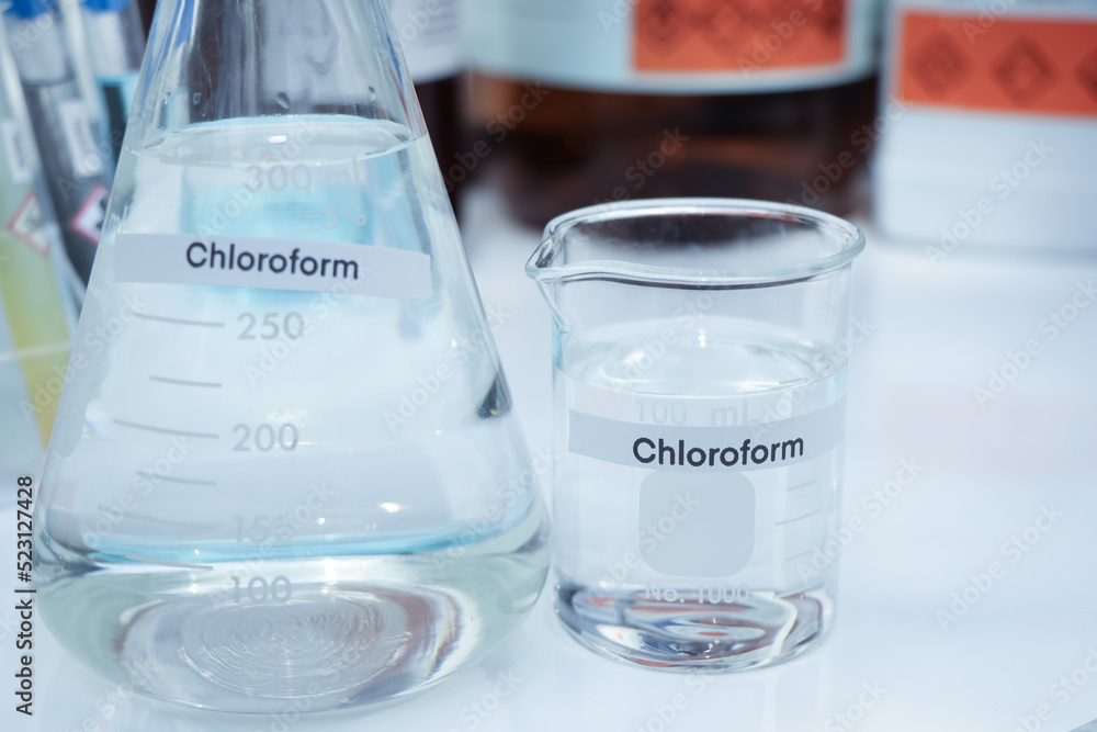 Chloroform in glass, chemical in the laboratory Chloroform in glass, chemical in the laboratory