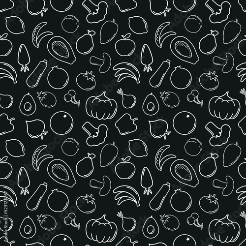 Seamless farmer's market pattern with line icons. Fruits, vegetables healthy food