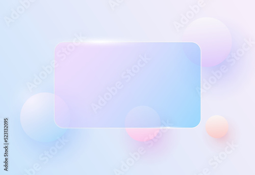 Transparent 3d glass shape for infographic, modern purple blue glass rectangle with 3D spheres on the back, interesting vector iridescence background.