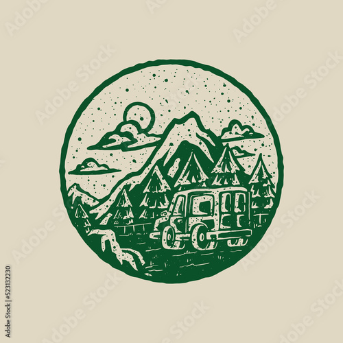 Vintage stamp illustration of car in the forest