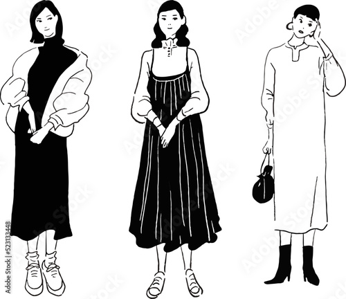 おしゃれな女性のベクター線画セット
