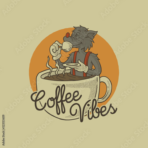 Cartoon emblem of dog drinking inside the cup mascot with retro style
