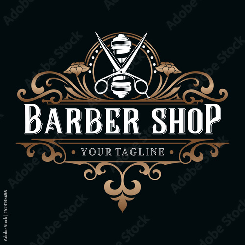 Barbershop vector logo design. Concept Illustration of vintage letters with ornaments on a dark background
