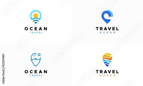 Set of Travel Point Logo with Ocean Wave symbol, Ocean logo designs concept vector