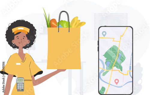 Home delivery concept. A woman is holding a grocery bag. Trendy flat style. Vector.