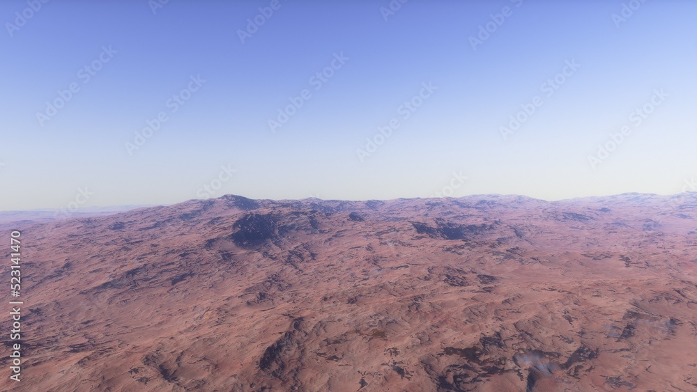 Mars like red planet, with arid landscape, rocky hills and mountains, for space exploration and science fiction backgrounds.
Mars like red planet, with arid landscape, rocky hills and mountains, for space exploration and science fiction backgrounds.
