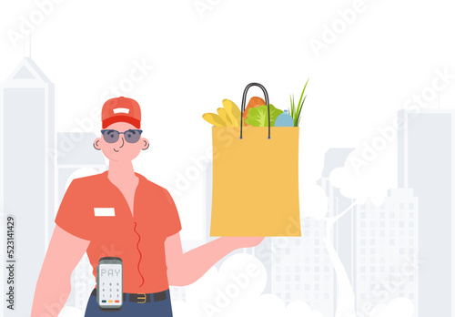 Home delivery concept. A man is holding a grocery bag. Trendy flat style. Vector.