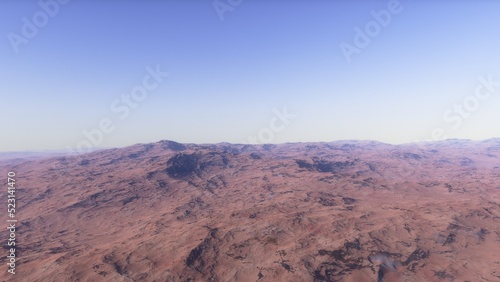Mars like red planet, with arid landscape, rocky hills and mountains, for space exploration and science fiction backgrounds.  © ANDREI