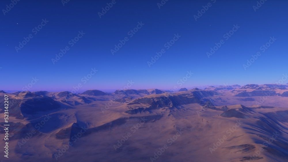 Fototapeta premium Mars like red planet, with arid landscape, rocky hills and mountains, for space exploration and science fiction backgrounds. 