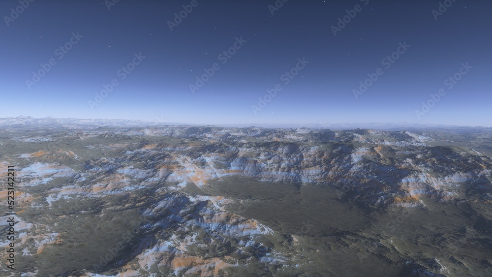 Mars like red planet, with arid landscape, rocky hills and mountains, for space exploration and science fiction backgrounds.
