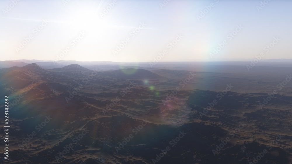 Mars like red planet, with arid landscape, rocky hills and mountains, for space exploration and science fiction backgrounds.
Mars like red planet, with arid landscape, rocky hills and mountains, for space exploration and science fiction backgrounds.
