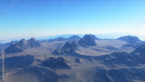 Mars like red planet, with arid landscape, rocky hills and mountains, for space exploration and science fiction backgrounds.
