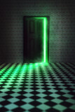 A sinister room with wooden door slightly open. Green light and smoke shows through crack in door way. Black and white tile floor. Creepy thriller style book cover concept image with copy space