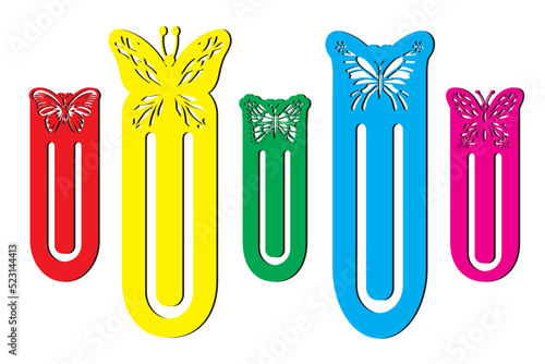 Colored paper clip bookmarks with a cut-out butterfly decoration. Laser cutting. paper cut