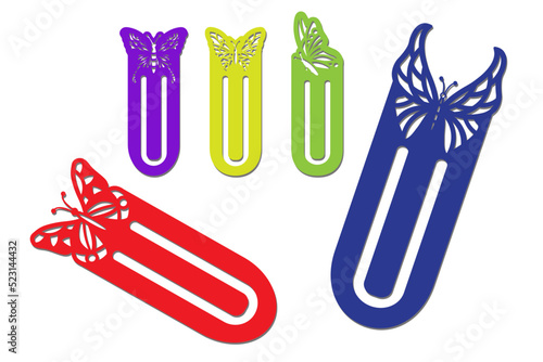 Paperclip bookmarks with a cut-out butterfly decoration. Laser cutting. paper cut