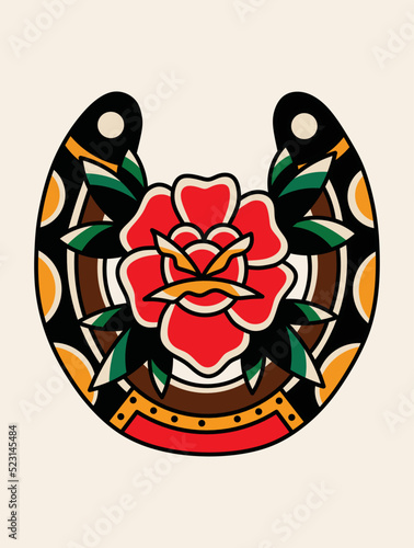 Old tattooing school colored rose isolated vector illustration.