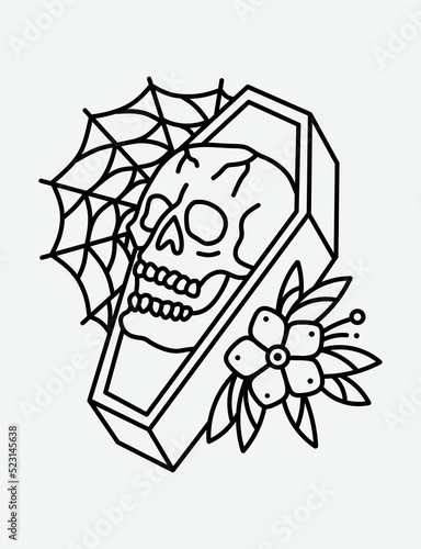 Coffin skull with flower tattoo vector design.