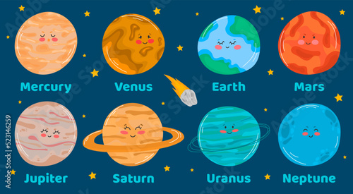 Cute and funny planet laughing and smiling. Vector illustration with the solar system, planets, meteorite and stars in flat design. cute space object set for baby fashion.