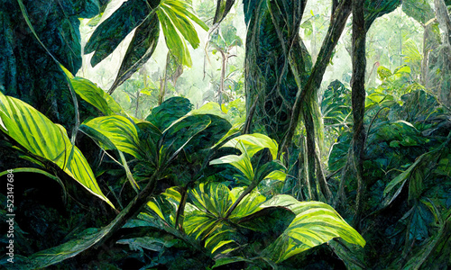 Fototapeta Naklejka Na Ścianę i Meble -  tropical jungle lush vegetation background, digital art