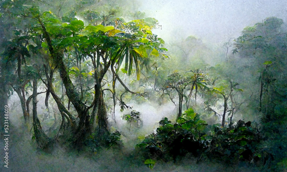 Fototapeta premium foggy misty jungle rainforest background, digital art