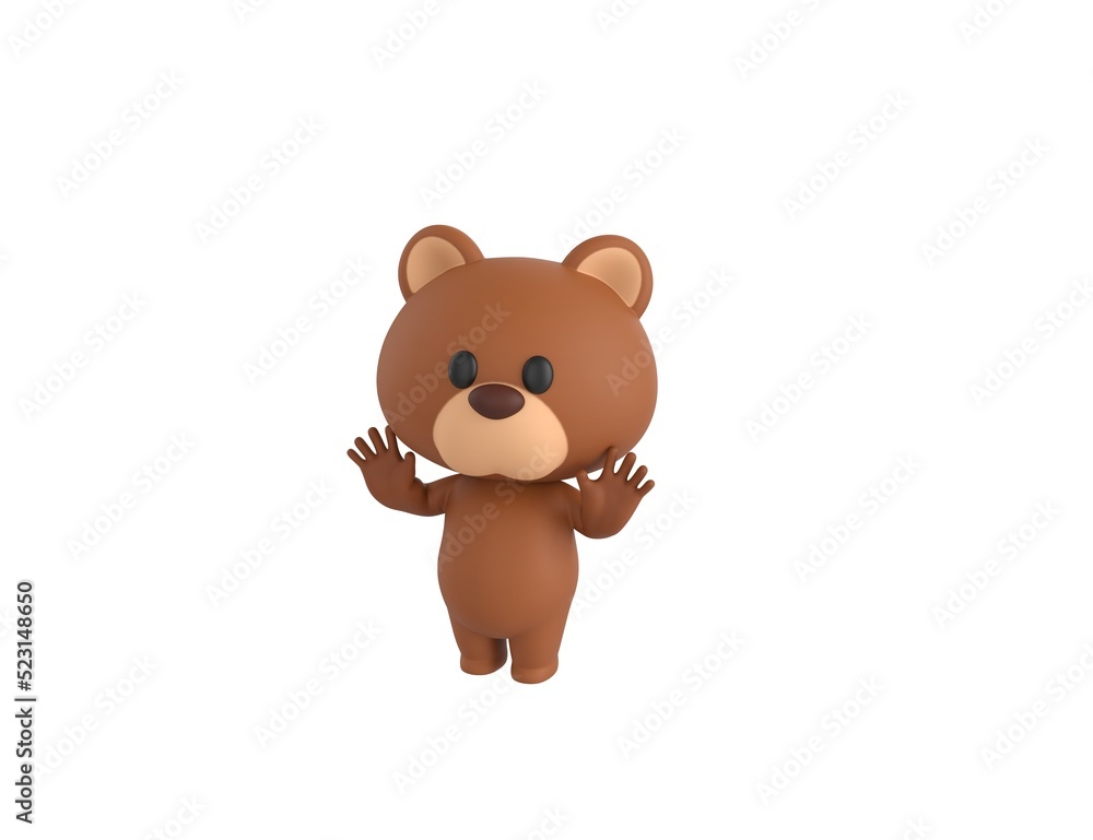 Little Bear character raising hands and showing palms in surrender gesture in 3d rendering. Little Bear character raising hands and showing palms in surrender gesture in 3d rendering.