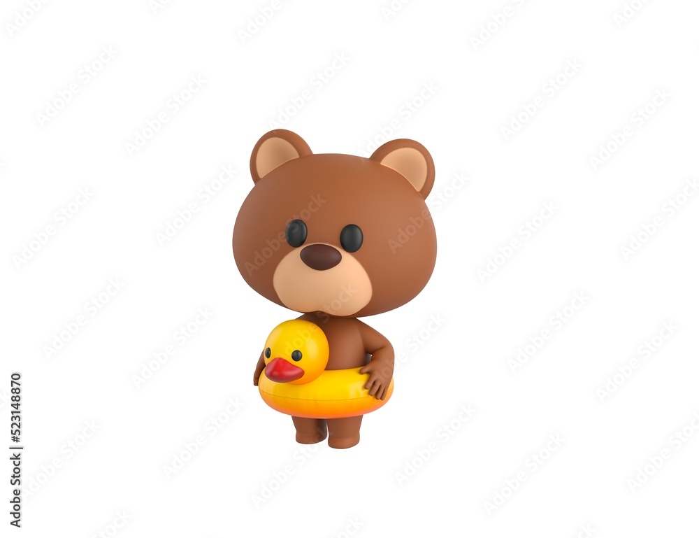 Naklejka premium Little Bear character with inflatable duck ring in 3d rendering.