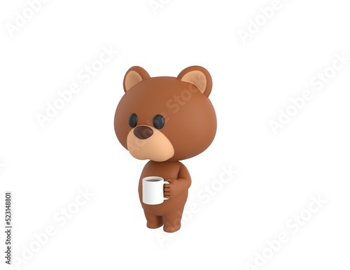 Little Bear character holding white coffee mug in 3d rendering.