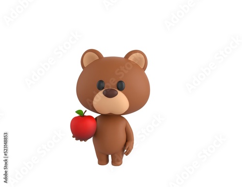 Little Bear character holding red apple in 3d rendering.