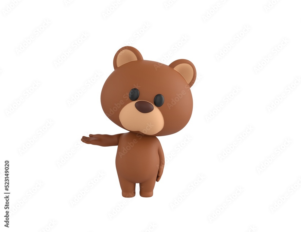 Little Bear character looking to camera and pointing hand to the side in 3d rendering. Little Bear character looking to camera and pointing hand to the side in 3d rendering.