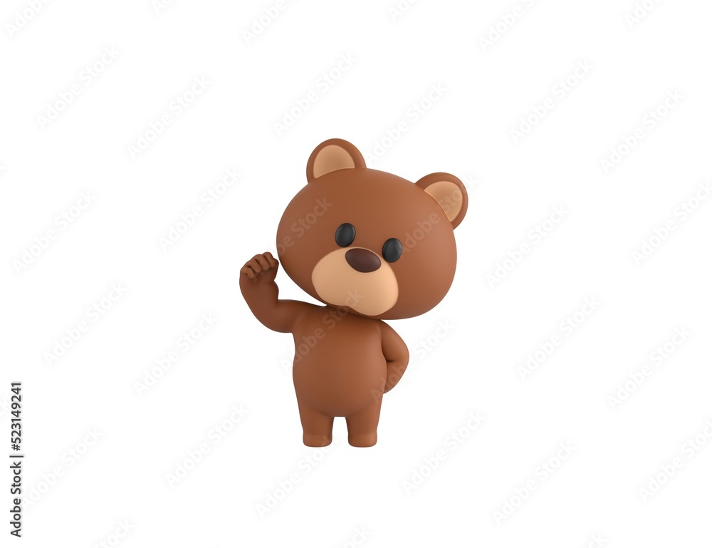 Little Bear character raising right fist in 3d rendering.