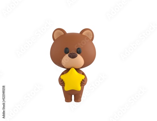 Little Bear character holding star in 3d rendering.