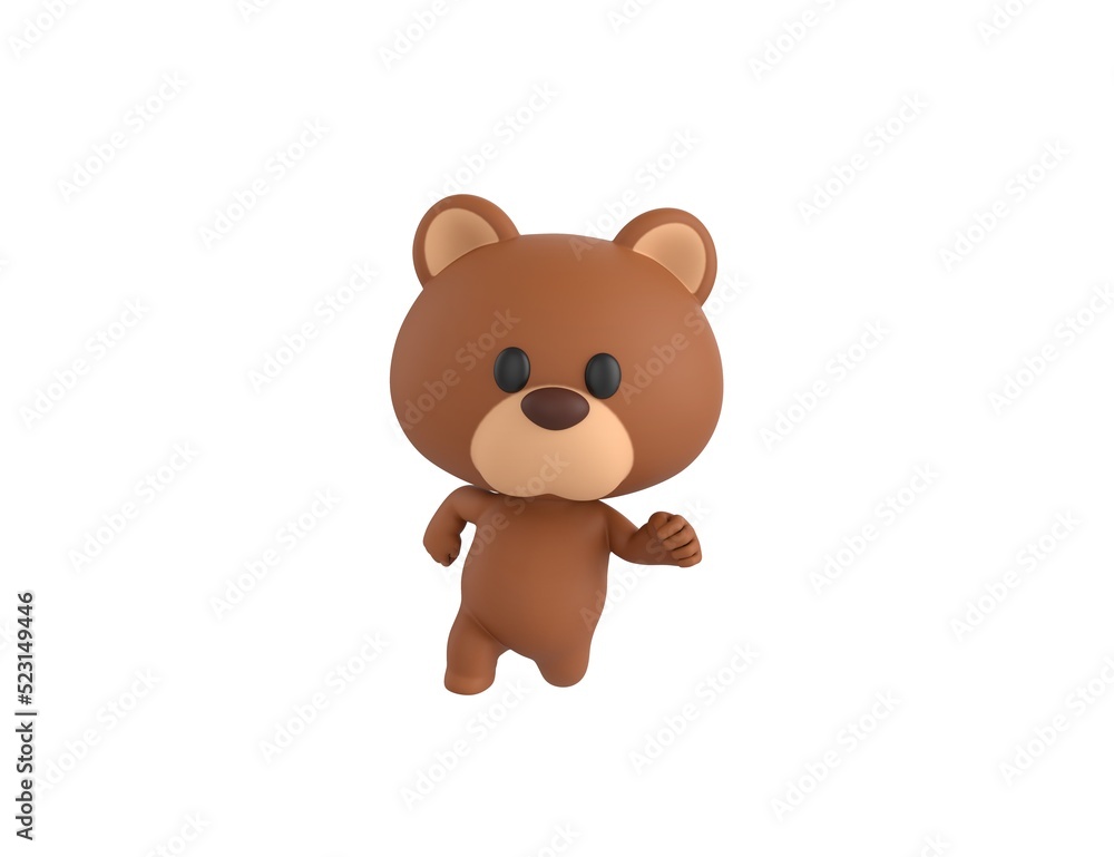 Little Bear character running front view in 3d rendering.