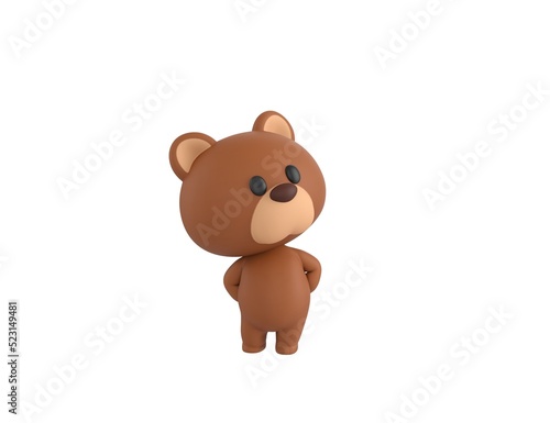 Little Bear character hides hands behind back and look up in 3d rendering. © Baria