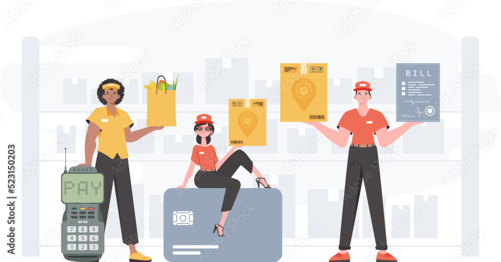 Food and parcel delivery people team. Delivery concept. Finished poster. Cartoon style. Vector. Food and parcel delivery people team. Delivery concept. Finished poster. Cartoon style. Vector.