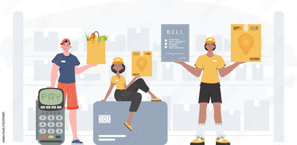 Food and parcel delivery people team. Home products. Food delivery. Finished poster. Trendy flat style. Vector. Food and parcel delivery people team. Home products. Food delivery. Finished poster. Trendy flat style. Vector.