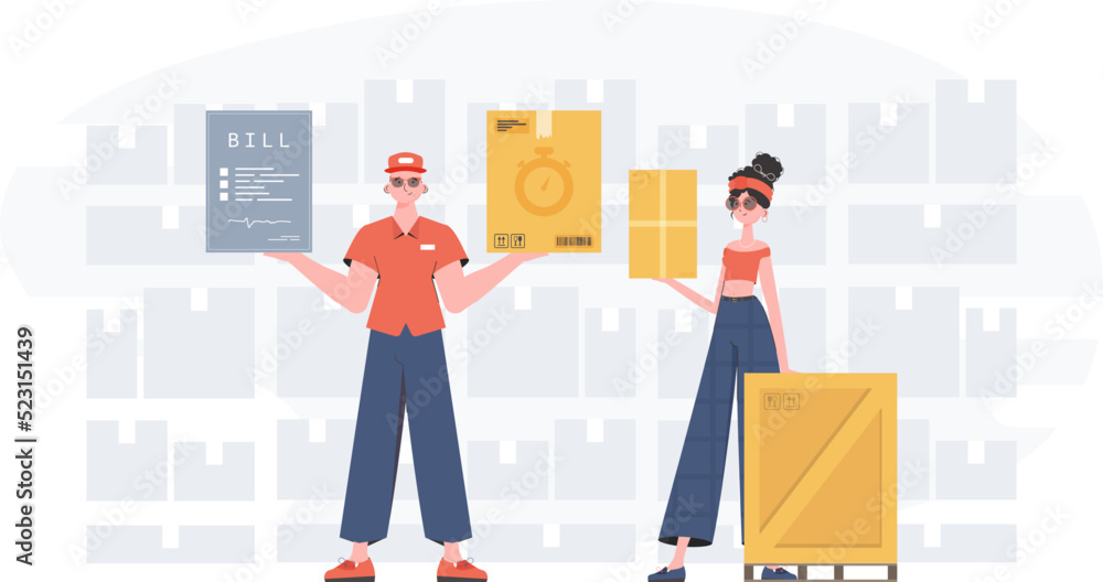 Fototapeta premium Ready made poster on the topic Products for the home. about food delivery. Food and parcel delivery people team. Trendy flat style. Vector.