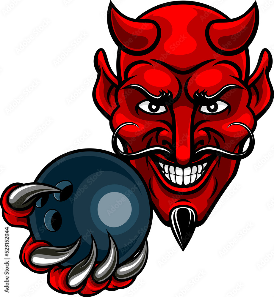 A devil cartoon character sports mascot holding a ten pin bowling ball A devil cartoon character sports mascot holding a ten pin bowling ball