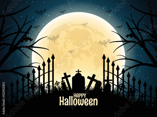 Flat silhouette of castle at glowing moon and dead trees 03 