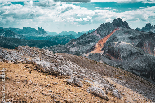 Beautiful view from Seekofel on the Dolomite mountains at noon. Seekofel, Dolomites, South Tirol, Italy, Europe.