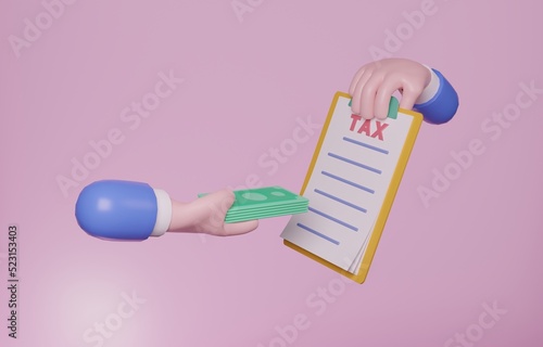 Hand holding tax documents and another hand holding banknote, tax payment concept, 3D render illustration.