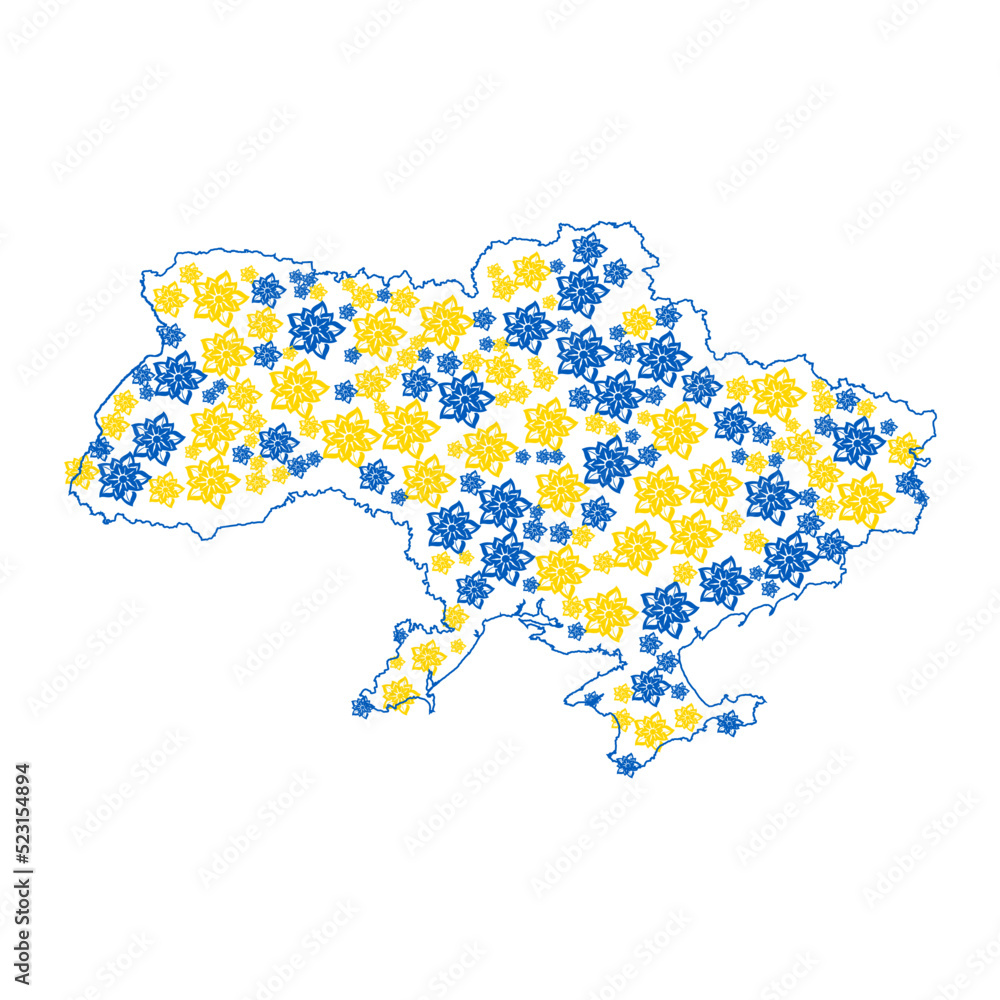 Obraz premium Flowers in the form of a map of Ukraine. In national yellow and blue colors. Element knitting